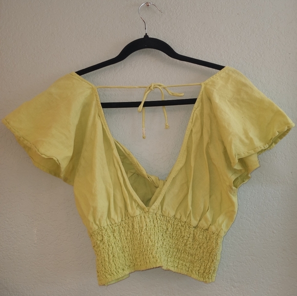 Anthropologie Linen Blend Twist Front Smocked Waist Deep V Plunge Neckline Crop - Picture 5 of 7